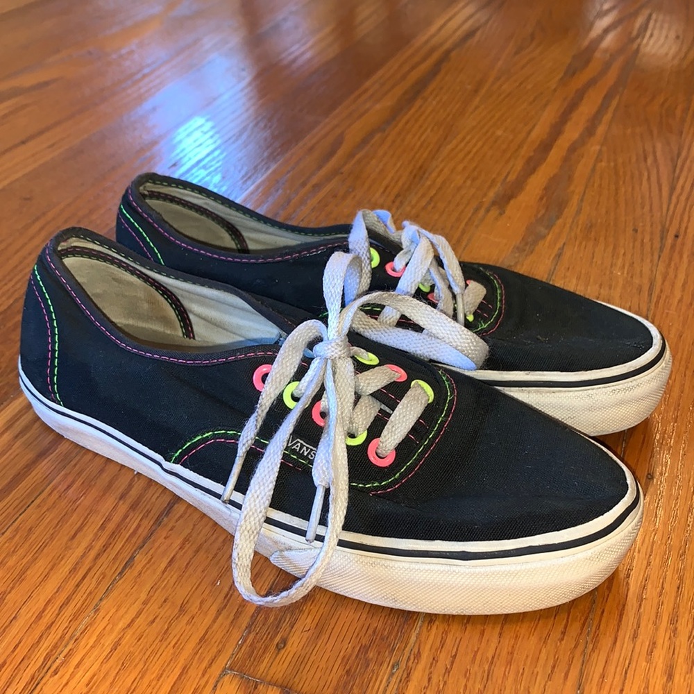 Vans Black Low Top Lace Up Sneakers with Neon Details - Women’s Size 8